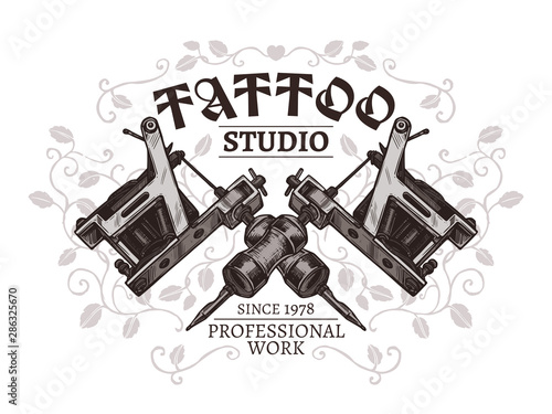 Design of poster for tattoo studio with two crossed tattoo machines in hand drawn engraving style