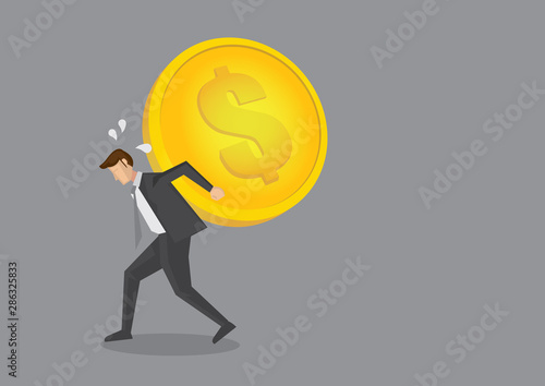 Businessman Carrying Heavy Gold Coin on his Back Vector Cartoon Illustration