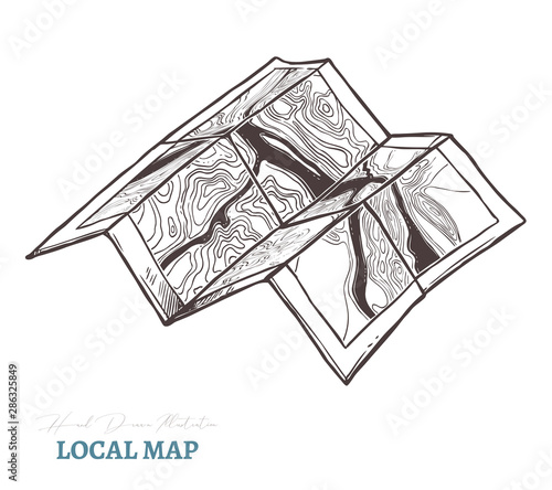 Hand drawn toristic paper map of mountain. Isolated vector illustration in sketch engraving style. Terrain plan