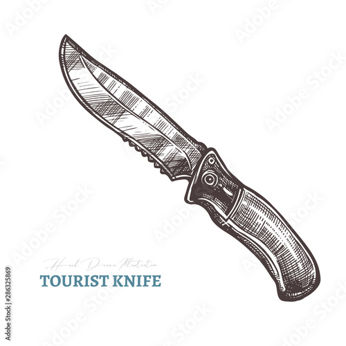 Hand drawn tourist knife. Isolated vector illustration in sketch engraving style