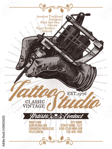 Tattoo studio engraving vector poster. Template of emblem for tattooist. Badge with hand drawing with tattoo machines on black with typography