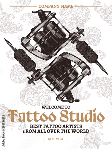 Tattoo studio vintage poster  with typography and tattoo machines in engraving vector style