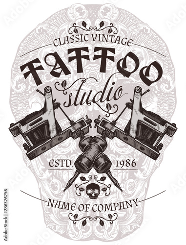 Tattoo studio vintage poster or emblem with typography in engraving vector style