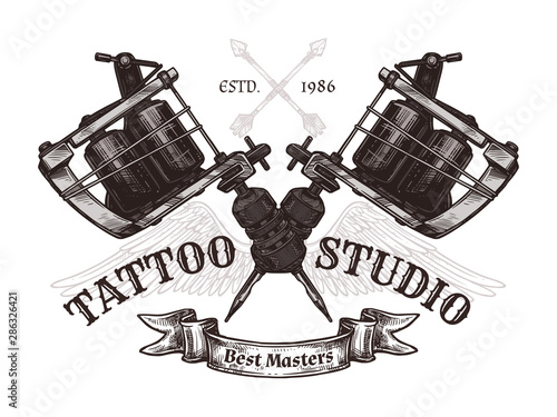 Vintage tattoo studio poster with two crossed tattoo machines. Vector poster in hand drawn sketch style