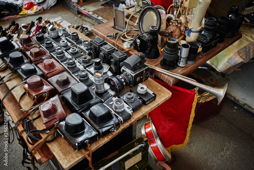 Old vintage rare retro photographic equipment, photo cameras sold at the flea market, swap meet
