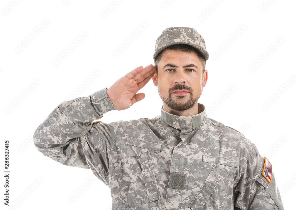 Saluting soldier on white background