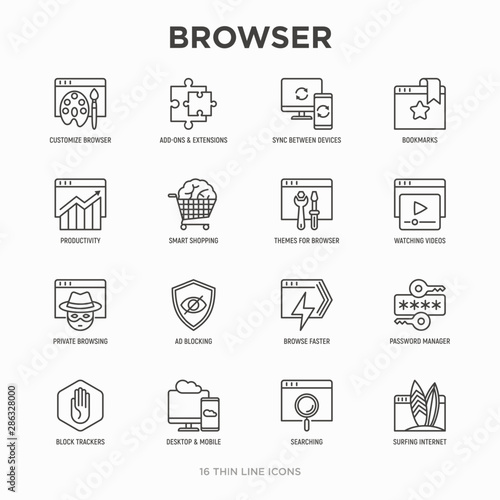 Browser thin line icons set: add-ons, extension, customize browser, sync between devices, bookmark, private, ad blocking, password manager, smart shopping, surfing internet. Vector illustration.
