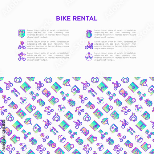 Bike rental concept with thin line icons: rates, bicycle tours, pet trailer, padlock, helmet, child seat, sharing, pointer, deposit, mobile app. Modern vector illustration for sport issues.