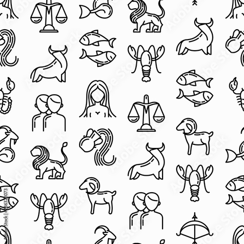 Horoscope seamless pattern with thin line icons. Zodiac signs: capricorn, aquarius, aries, pisces, virgo, libra, scorpio, sagittarius, taurus, gemini, leo. Modern vector illustration.