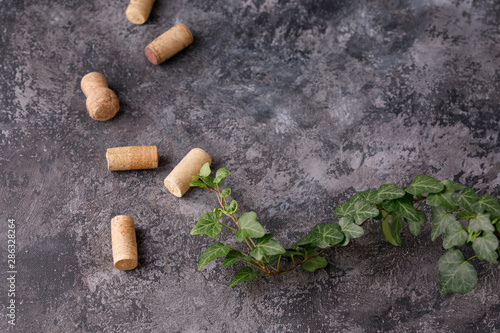 Refined textural background and corks for wine. Copy space. Place for your text.