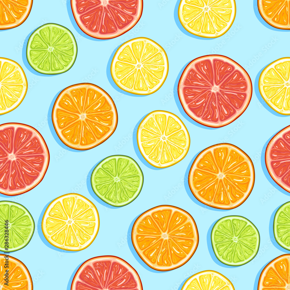 Vector Seamless Cartoon Pattern of Circle Sliced Citrus Fruits