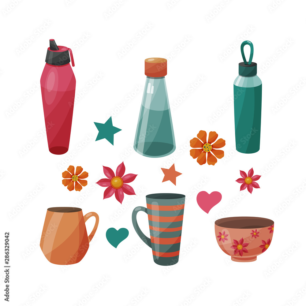 Set of various bottles and cups. Vector illustration. Set of various bottles and cups. Vector illustration.