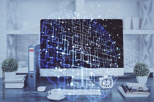 Double exposure of desktop with computer and brain drawing hologram. Artificial intelligence concept.