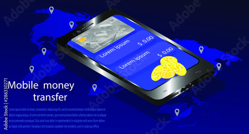 Vector drawing isometric. Mobile money transfer. Concept e-commerce 