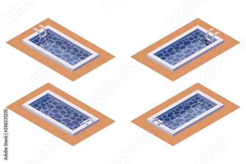 Various foreshortening of swimming pool with stairs in isometric 3d style good for indoor and outdoor design.