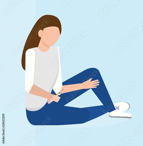 Addiction of young girl to the drug. Sick junkie with a syringe. Health danger vector