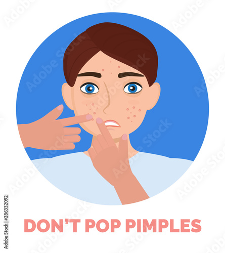 Pimple was popping on the man s face. Don t crush acne text under illustration.