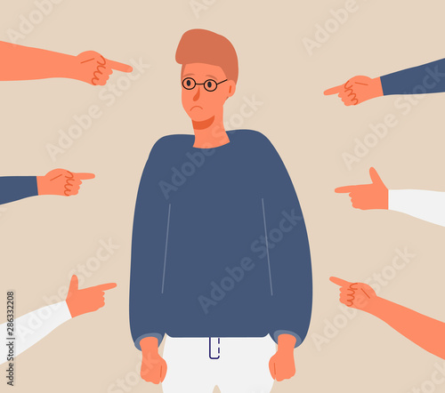 Victim man scene in society. Stressed boy in shame and hands with pointing finger.