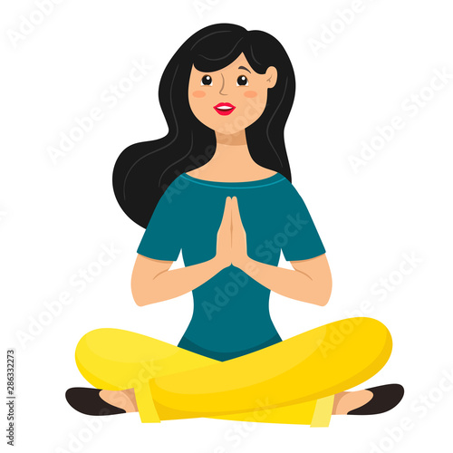 A young girl sits in a lotus position with her hands clasped in front. Yoga pose. Vector isolate in flat style.