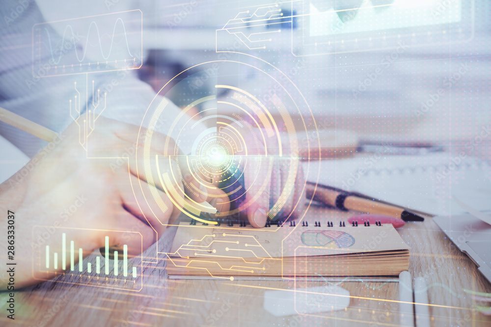 Writing human hands with data theme multi exposure icons.