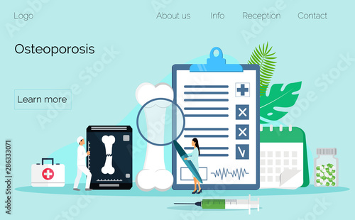 Osteoporosis world day concept, osteoarthritis anatomical vector. Tiny doctors research bones of human. Joint pain