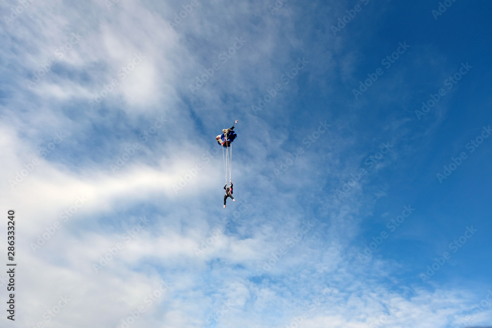 Fototapeta premium Skydiving. Blonde girl is flying in the blue sky.