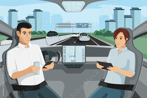 Man and woman in autonomous self driving car. Vector illustration