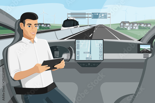 Passenger sitting in the seat with digital tablet when autonomous self driving car rides on the highway. Vector illustration