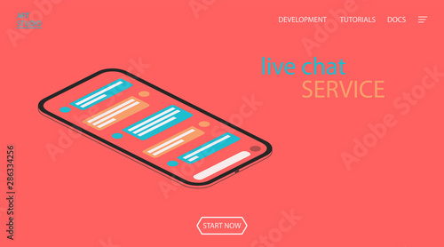Live chat service. Isometric 3d smartphone with sms message bubbles. Social flat network interface. Vector web media live illustration
