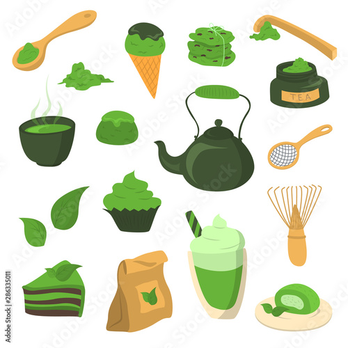 Cartoon Color Green Tea Products Icon Set. Vector