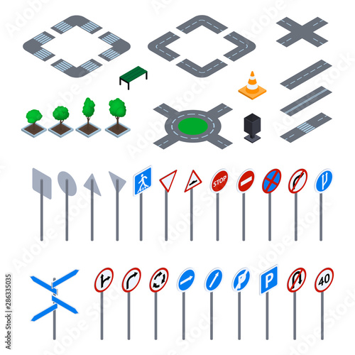 Road Sign 3d Icon Set Isometric View. Vector