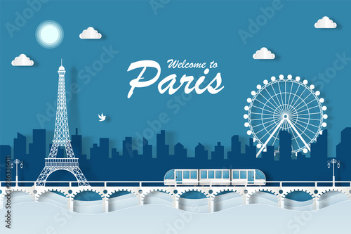 illustration eiffel tower landmarks of paris. paper cut style