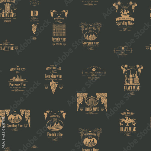 Vector seamless pattern on the theme of wine with various wine labels with images of grapes, landscapes, winery, castles, sailboats, fruits and other in retro style on the dark background
