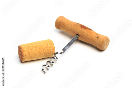 close up of bottle opener and cork of wine bottle on white background with clipping path - Image