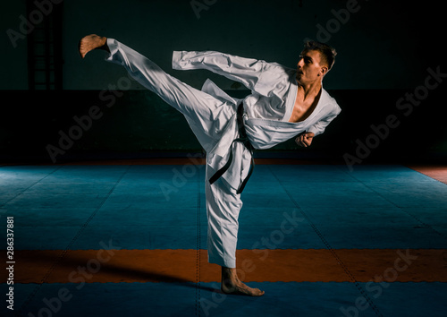 Professional karate fighter kicking. Isolated on a white background