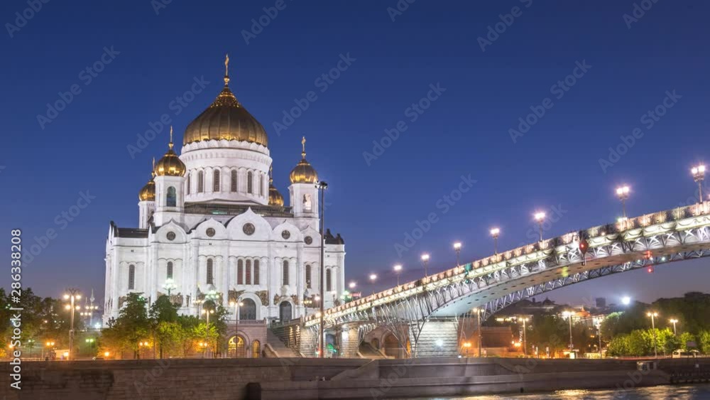 Moscow Russia time lapse 4K, city skyline day to night sunset timelapse at Cathedral of Christ the Saviour and bridge over Moscow River Moscow Russia time lapse 4K, city skyline day to night sunset timelapse at Cathedral of Christ the Saviour and bridge over Moscow River