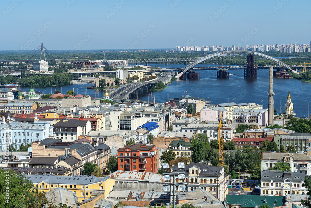 View of the Kiev city building and bridges over the river Dnieper