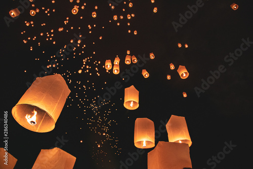 Lanterns festival, Yee Peng and Loy Khratong in Chiang Mai in Thailand photo