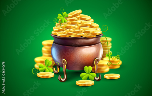 Pot with gold coins for Saint Patricks Day Holiday. Hidden treasures from Irish traditions. Green leaves of clover plant. Eps10 vector illustration.