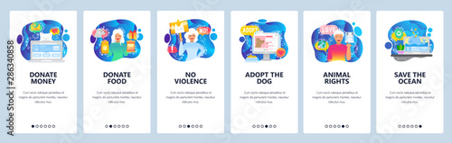 Mobile app onboarding screens. Help animals, dogs shelter, animal rights, donate money. Menu vector banner template for website and mobile development. Web site design flat illustration