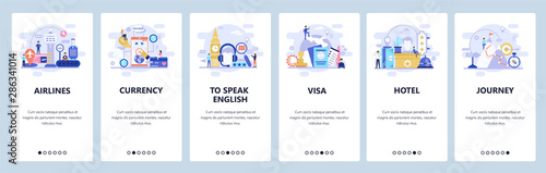 Mobile app onboarding screens. Travel icons, visa, passport, airport and currency exchange. Menu vector banner template for website and mobile development. Web site design flat illustration