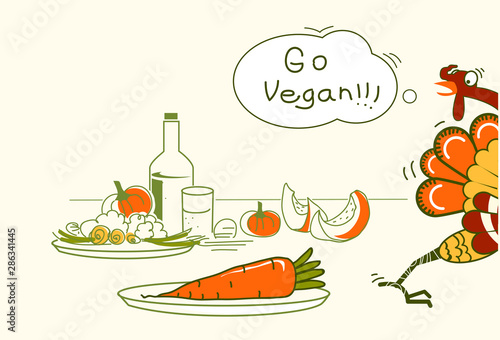 Go vegan. Thanksgiving turkey bird runs away from the festive table. Vector illustration with text
