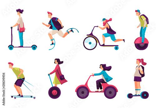 People on electric scooter, segway, hoverboard set