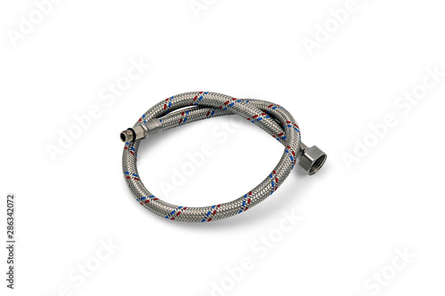 Durable braided stainless steel flexes, water supply flexes. Plumbing hoses for water isolate on a white background.