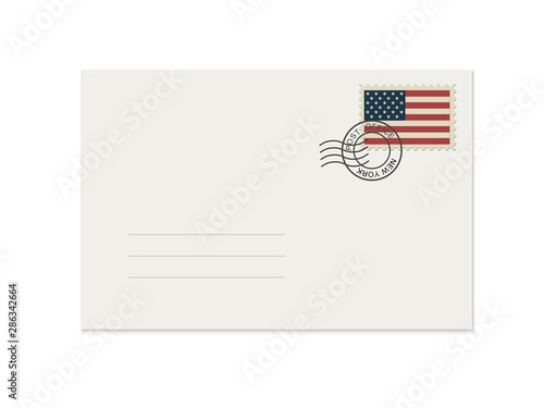 Blank mail envelope with rubber stamp. Mockup realistic envelopes  and postage stamp with USA flag.