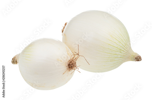 two bulbs of ripe white onion isolated on white