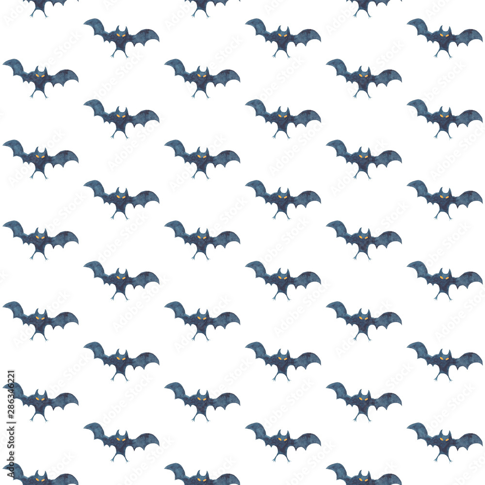 Seamless pattern with bats on white background - Halloween watercolor illustration