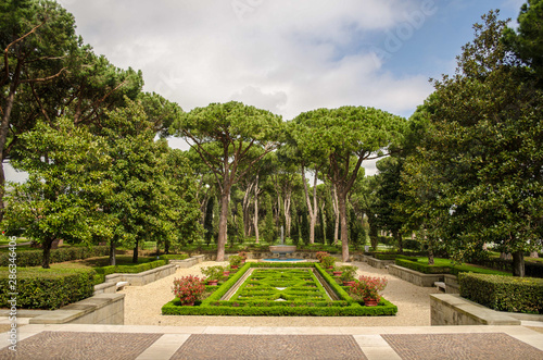 Interior garden at Sicily – Rome American Cemetery and Memorial in Nettuno Italy