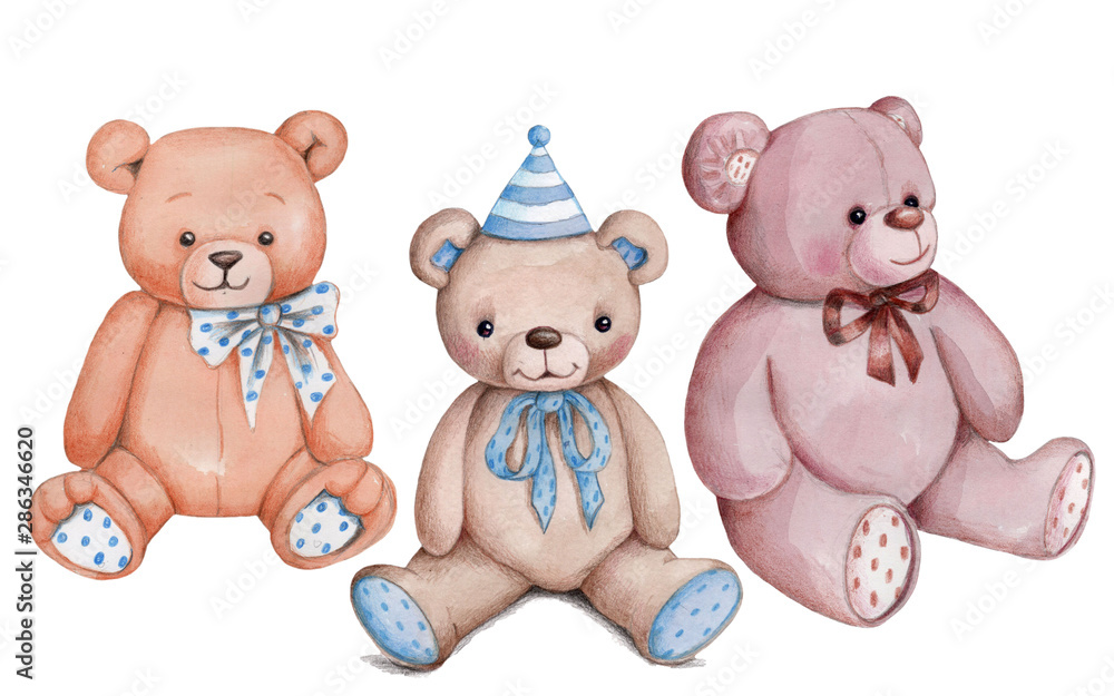 Cute cartoon teddy bear, set of three toy bears, isolated, hand drawn  watercolor. Stock Illustration | Adobe Stock