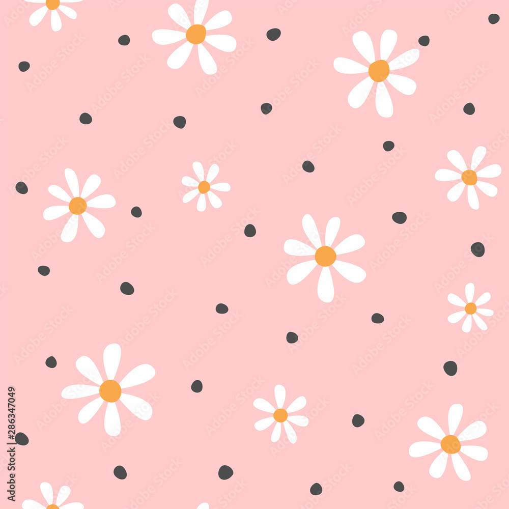 Floral seamless pattern. Cute print with daisies and round spots. Vector illustration.